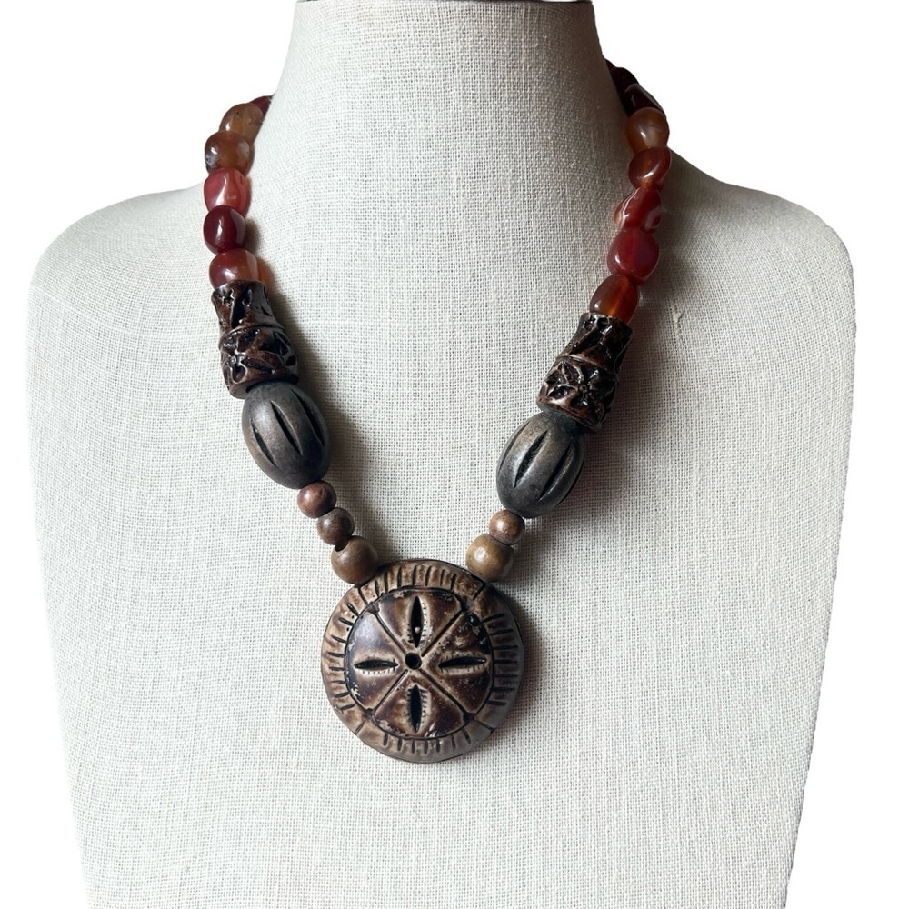 Banded Agate Beaded Necklace with Carved Wood and Resin Beads